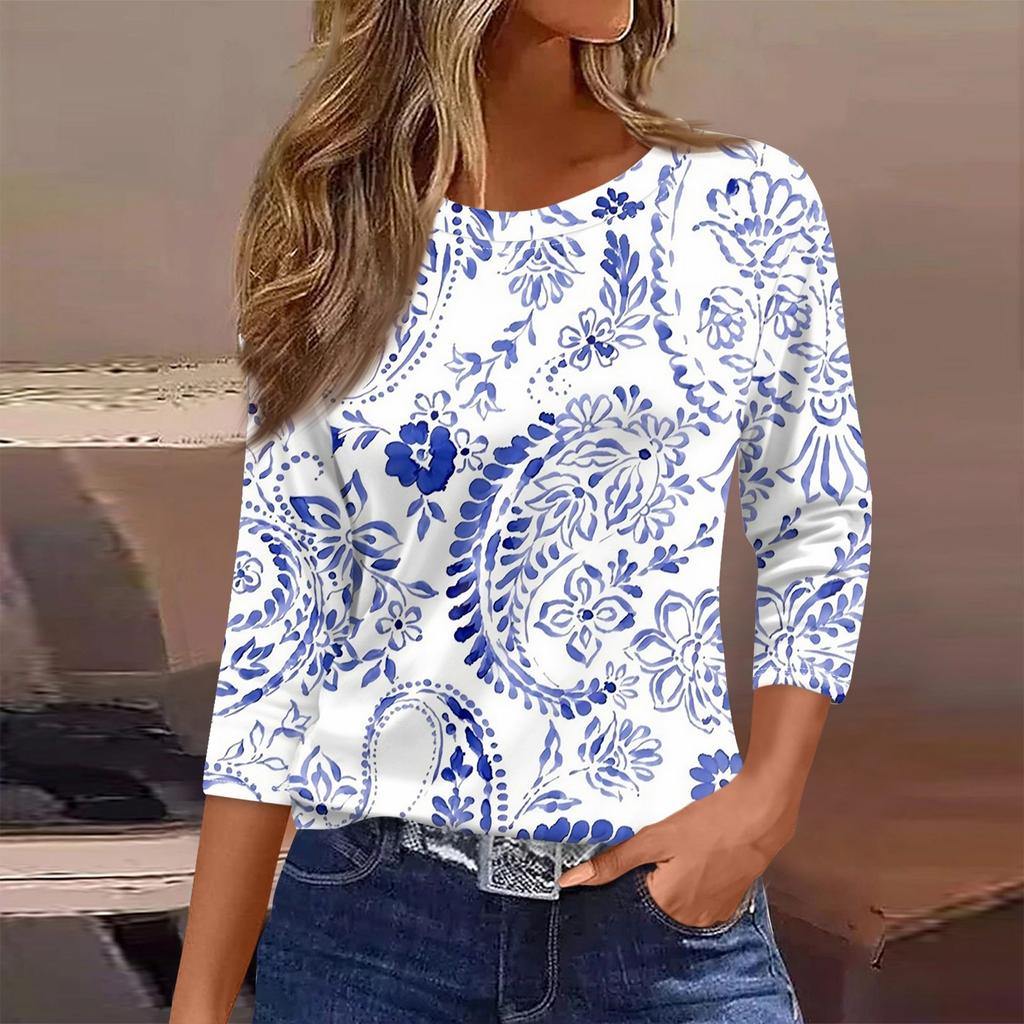 Женская футболка, модная повседневная футболка с круглым вырезом и рукавом 3/4, свободная футболка с принтом, женская футболка
