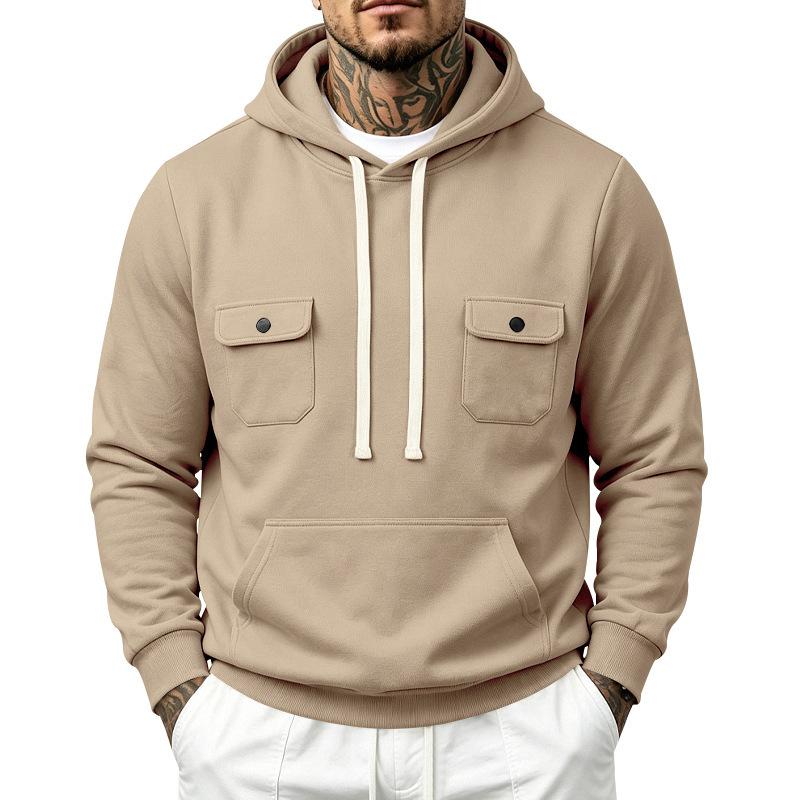 Men’s Heavyweight Fleece-Lined Outdoor Sports Loose-Fit Workwear Plain-Coloured Hooded Sweatshirt for Autumn/Winter
