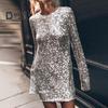 Women Dress Shiny Sequin Hollow Out Back Long Sleeve Loose Round Neck Split Cuff Sheath Individual Streetwear Club Party Dance Mini Dress