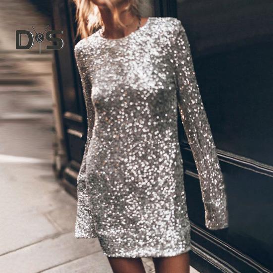 Women Dress Shiny Sequin Hollow Out Back Long Sleeve Loose Round Neck Split Cuff Sheath Individual Streetwear Club Party Dance Mini Dress