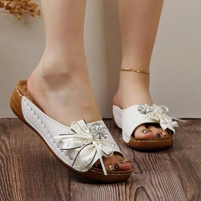 Модная женская обувь в продаже 2025 Лето Открытый носок Повседневные шлепанцы Женские Уличные С бантом Цветочные Большой размер Женские Сандалии на платформе и танкетке