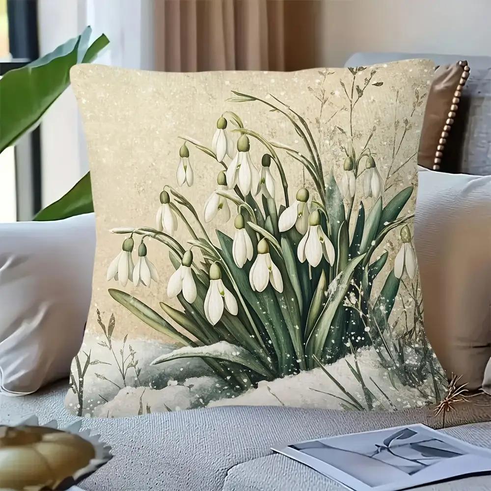 Snowdrop Pillow Cover Vintage Botanical Print Cushion Case Rustic Farmhouse Spring Decor Gift