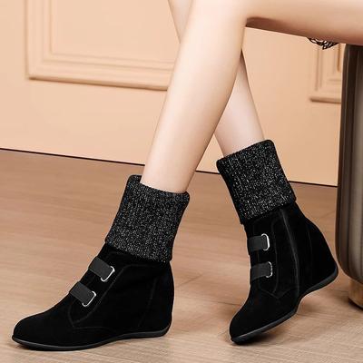 Сапоги женские с круглым носком и внутренней частью, увеличивающие рост, короткие сапоги, туфли на танкетке из хлопка, матовые женские сапоги большого размера