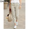 New Solid Color Loose Casual Elastic Waist Cotton Linen Capri Pants For Women Slim Fit Drawstring Capri Trousers Pockets Pants