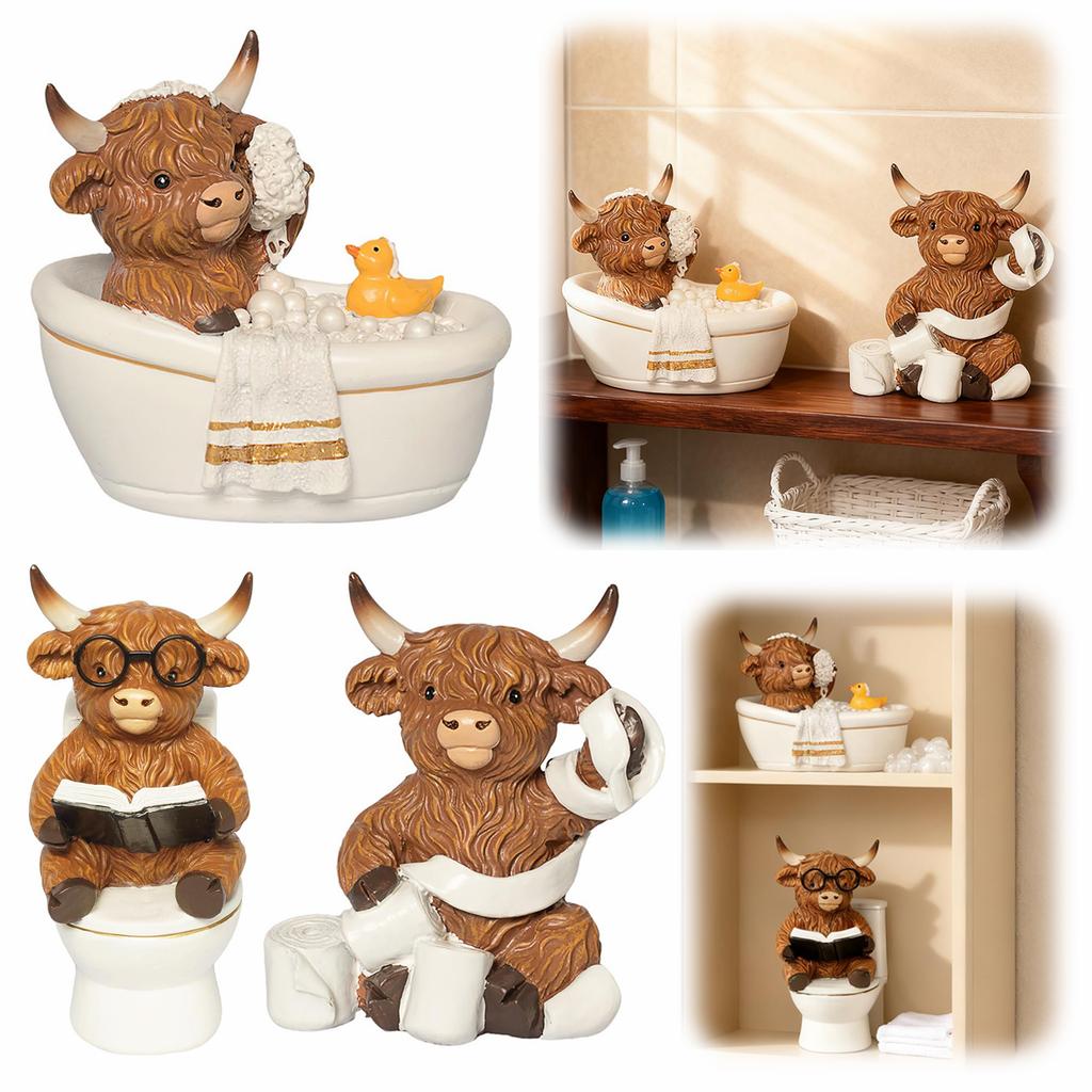 3 шт. ornaments для ванной комнаты с шотландской коровой, с ванной/туалетом/салфетками, гномы-шотландские коровы для дома, ванной комнаты, фермерского дома, многоуровневого подноса