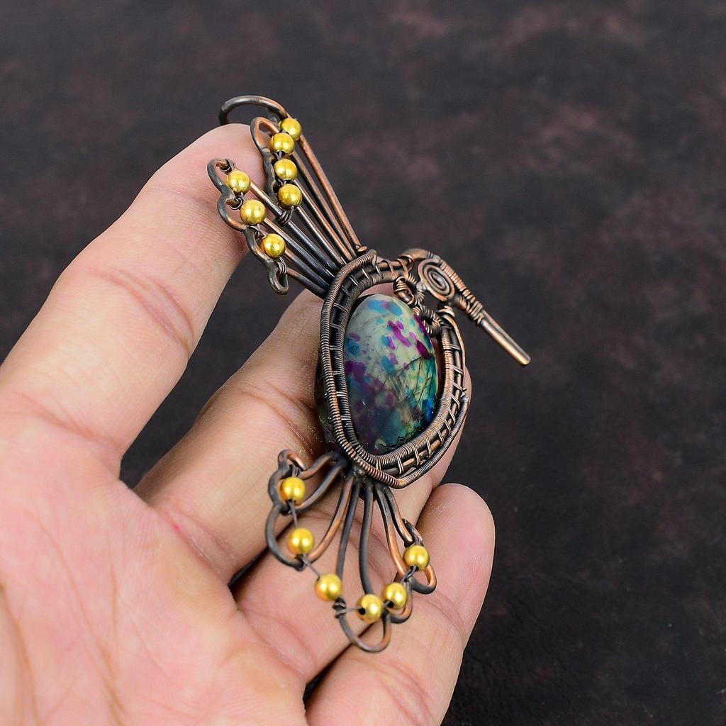 Кулон из нескольких огненных лабрадоритов, кулон из медной проволоки, кулон ручной работы с драгоценным камнем, уникальные медные украшения, кулон с птицей, подарок на юбилей