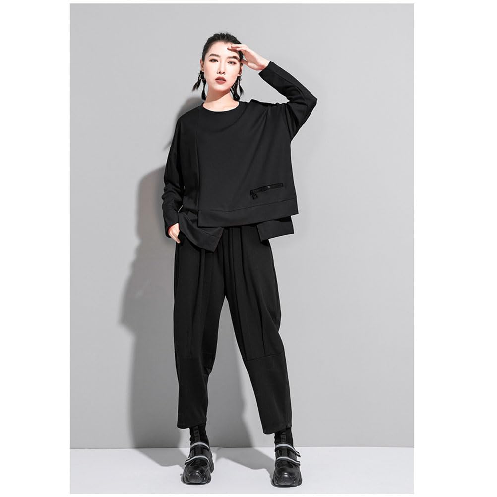 Morino Long Sleeve Asymmetrical Top with Zipper Design and Loose Unique Street Adult Fashion for Spring and Fall Women's Pockets, Fit, Style, (Black)