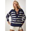 Women's Navy Blue Collar Laced Striped Knitwear Sweater Mx00109