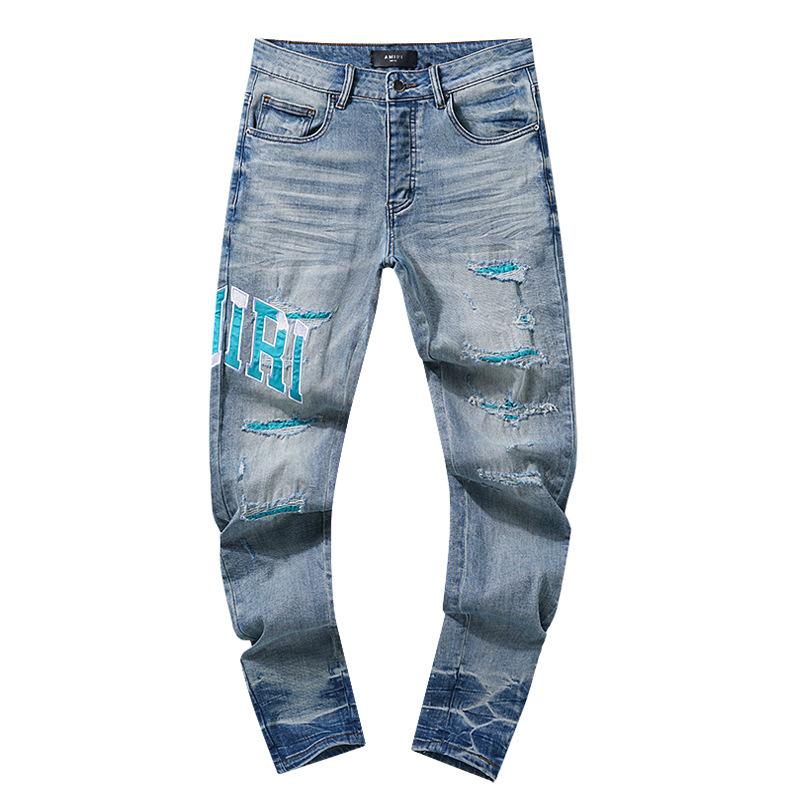 Fashion American High Street Hole & Patch Trendy Retro Straight Ami Denim Pants
