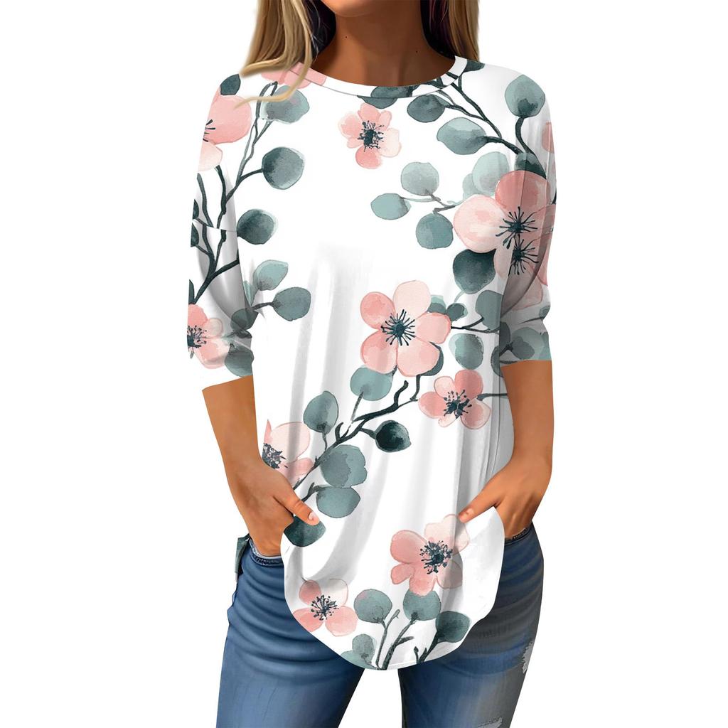 Рубашки с рукавом 3/4 для женщин, милые топы, футболки с рисунком, блузки, повседневные базовые топы больших размеров, пуловеры