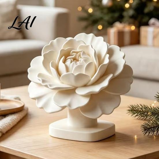 Delicate Flower Statue 3D Printed Peony with Base Decorative Sculpture Modern Home Decor White Ornament for Office Desk Shelf Luxury