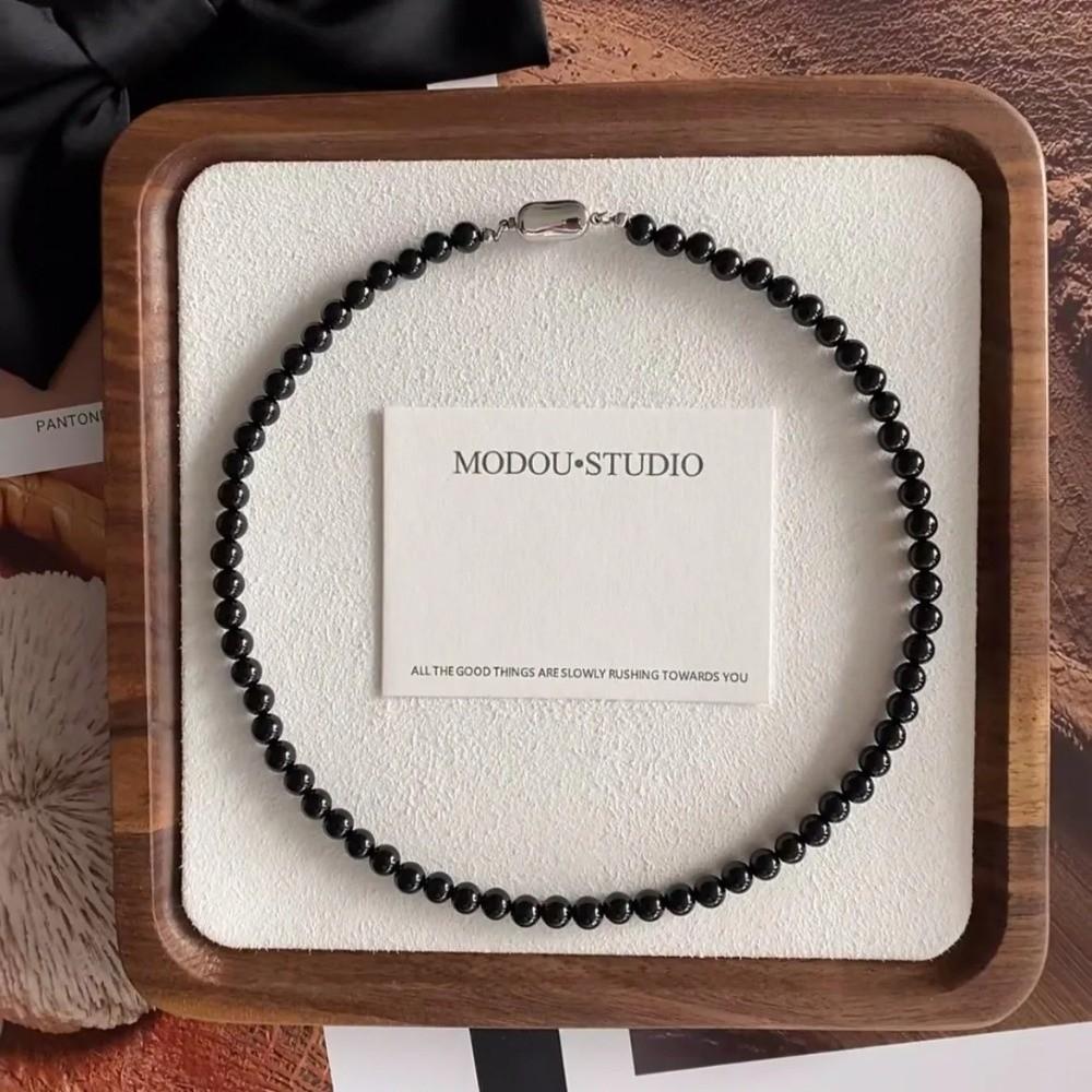 Copper Gold Black Agate Necklace Silver Plated Coin Buckle Chokers Imitation Pearl Necklace  Women