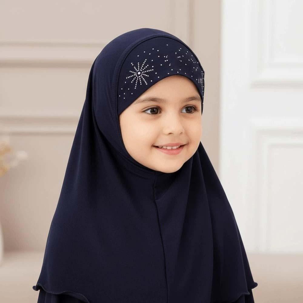 Pre-Stitched Design Girls Rhinestone Headscarf Breathable Ethnic Style Turban Toddler Prayer Wear