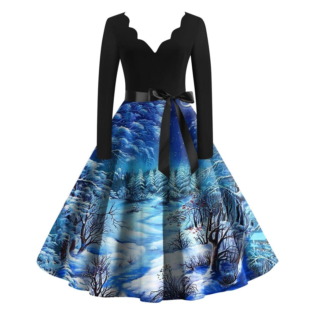 Женские рождественские повседневные модные винтажные платья с v-образным вырезом и длинными рукавами с принтом