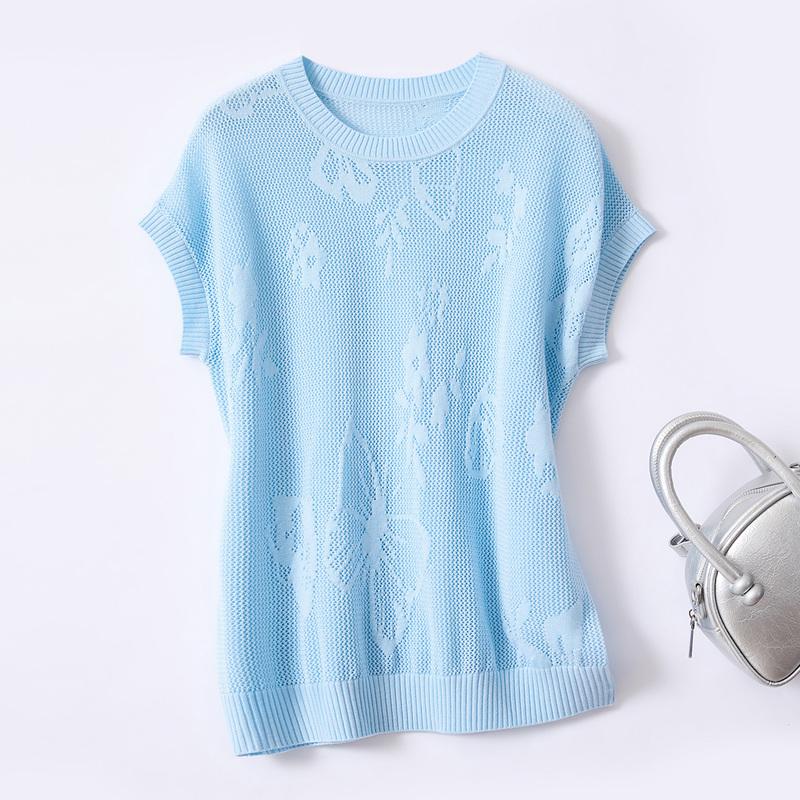 [Jacquard] Round neck solid color raglan sleeve T-shirt for spring and summer new style, hollowed out simple silk containing women's knitted sweater