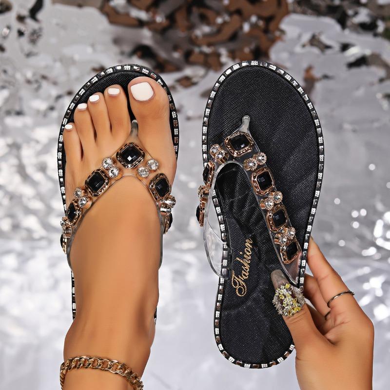 Women's Rhinestone Flip Flop Slippers Summer Flat Shoes Fashion Sandals Non Slip Comfortable Casual Beach Slides