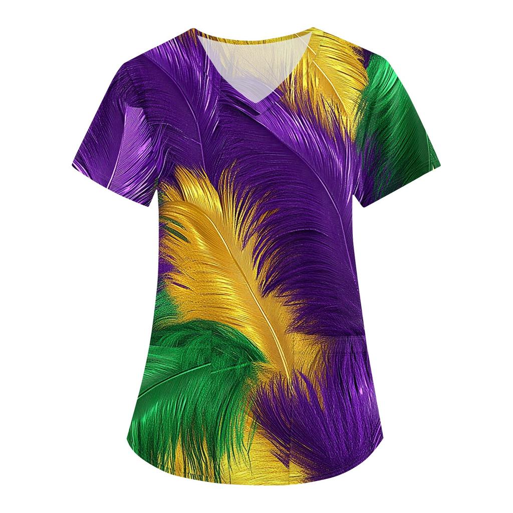 Женская карнавальная принтовая свободная униформа с V-образным вырезом и карманом с коротким рукавом