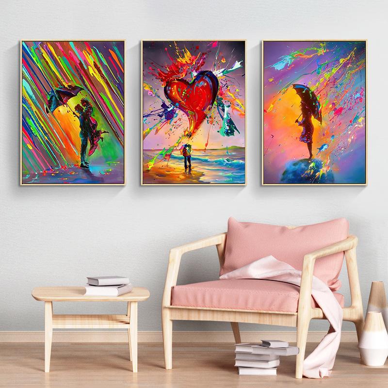 Акварель Радуга Дождь Любители Холста Картины Абстрактные Граффити Искусство Пары Обниматься Настенная Картина для Гостиной Домашний Декор