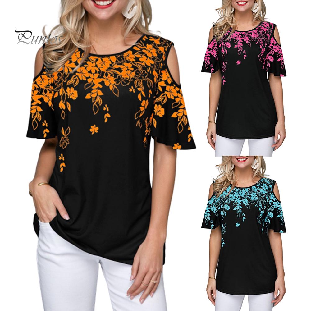 Женская сексуальная футболка с коротким рукавом с круглым вырезом и цветочным принтом, свободная футболка с открытыми плечами