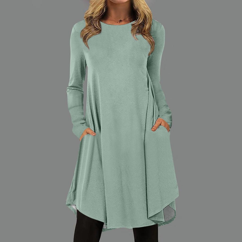Женская мода повседневное сплошной цвет пуловер с круглым вырезом свободное платье с длинным рукавом