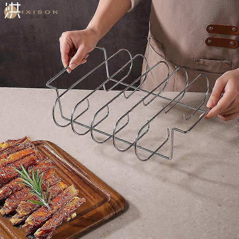 Stainless Steel Spareribs Grill Holder - 4-Rib Capacity Roasting Rack, Heavy-Duty Rib Holder for Gas & Charcoal Grills, BBQ Rib Roasting Accessory for