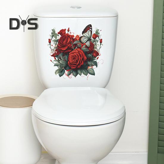 Наклейка на унитаз с бабочками и цветком розы, съемная водонепроницаемая наклейка из ПВХ для гостиной, ванной комнаты, стены искусства, цветочная крышка для унитаза, украшение на день Святого Валентина