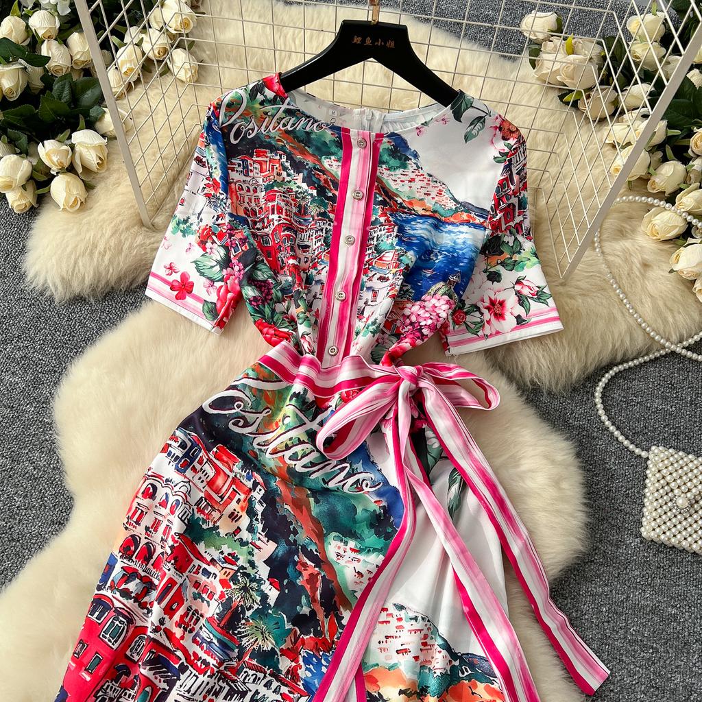 Летние женские дизайнерские винтажные принты на подиуме платья с коротким рукавом и шнуровкой, облегающие платья-карандаши для вечеринок