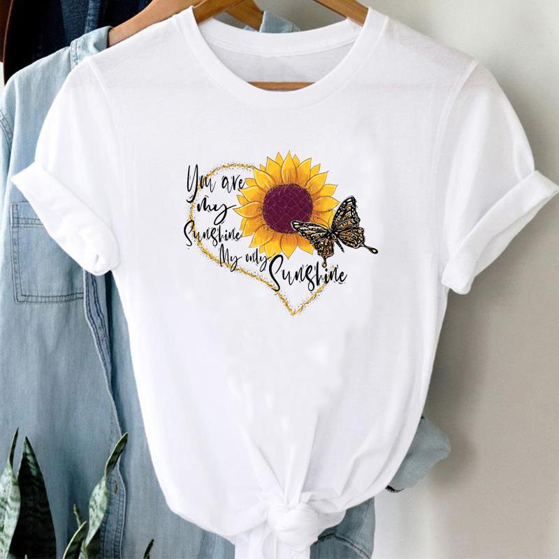 (Азиатский размер) Женская футболка с принтом, модная футболка с подсолнухом и бабочкой, трендовая милая одежда, повседневная женская футболка с коротким рукавом и графикой