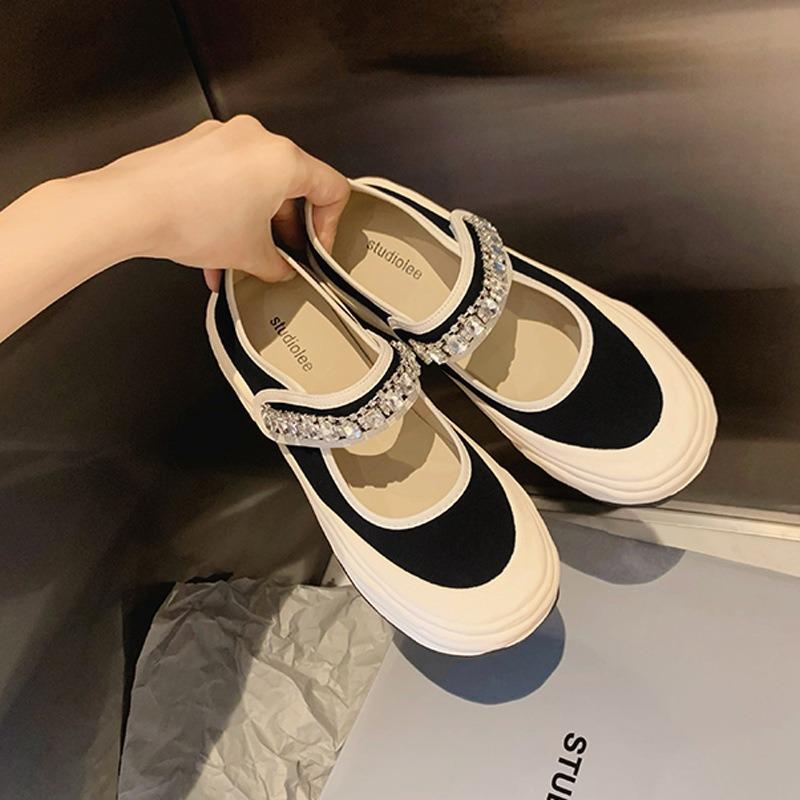Галерея Обувь для девочек из парусины Женские туфли со стразами и липучками, с круглой головкой, неглубокие, полуперетягивающиеся, повседневные туфли на платформе