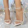 Модные элегантные сандалии с острым носком и дизайном из бусин на шнурках для женщин, прозрачные ПВХ сандалии на высоком каблуке с узкой перемычкой, модная свадебная обувь для невесты
