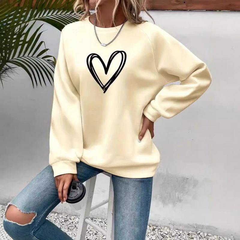 Heart Print Crew Neck Long Sleeve Fleece Sweatshirt for Women - 2025 Collection