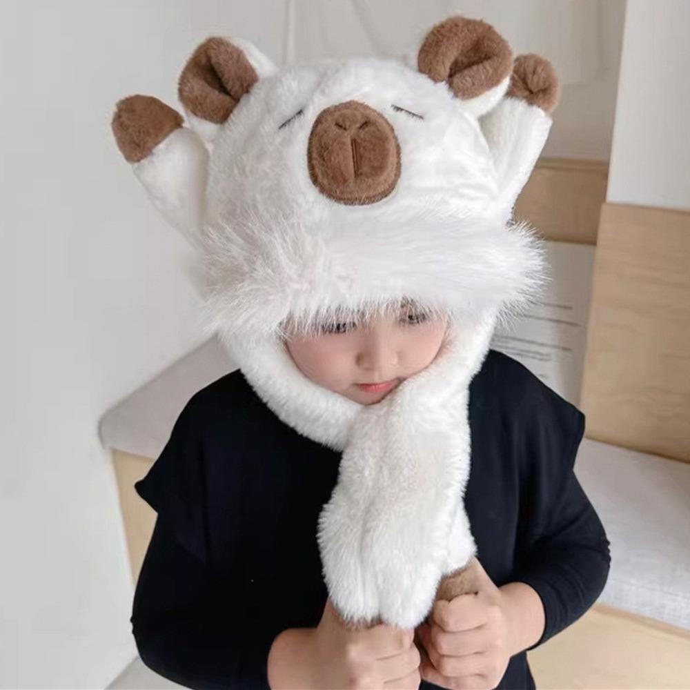 Movable Ears Capybara Hooded Scarf Windproof Plush Hat Scarf Set  Boys/girls