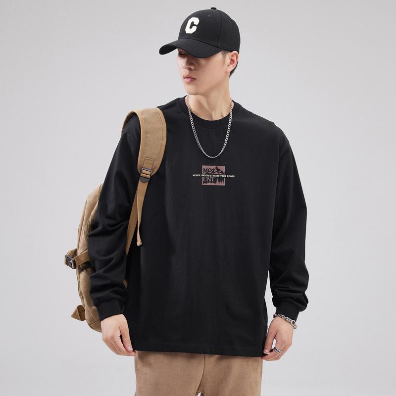 American Heavy Cotton Long-Sleeved T-Shirt Men'S Loose Casual Bottoming Shirt Trendy Brand Printed Crew Neck Sweater