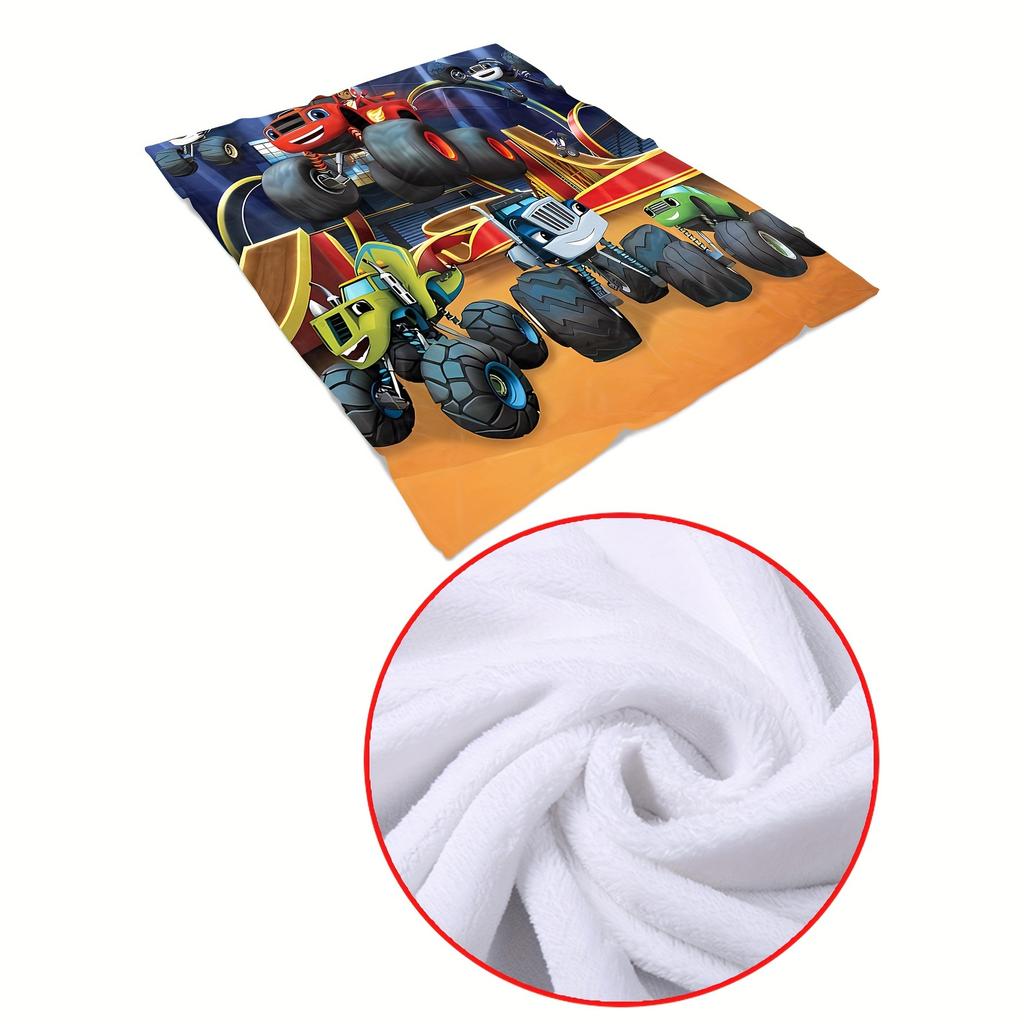 Contemporary Hand-Wash Flannel Throw Blanket with Cartoon Monster Trucks Pattern – All-Season Multipurpose Soft Knitted Polyester Bedding fo