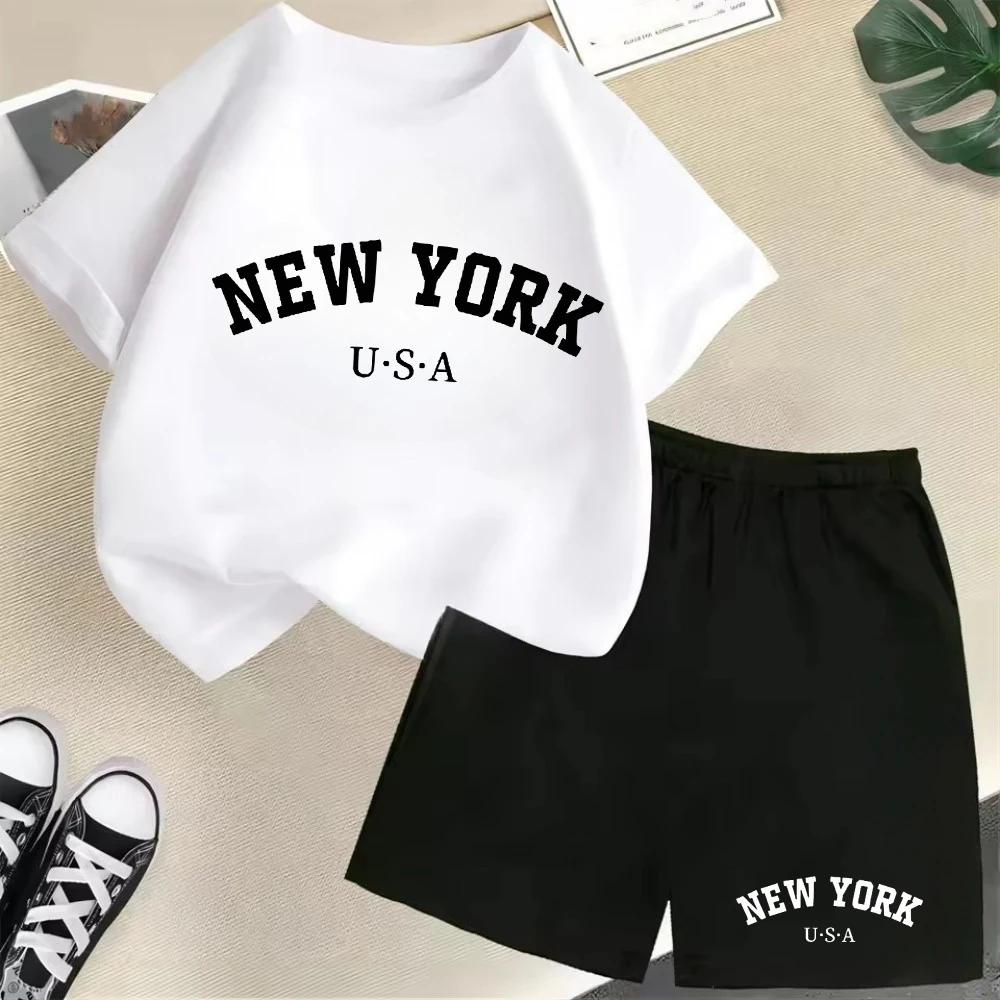 2026 New Kids Boys Girls New York Letter Pattern Polyester T-shirt+Shorts 2-Piece Set Casual Daily