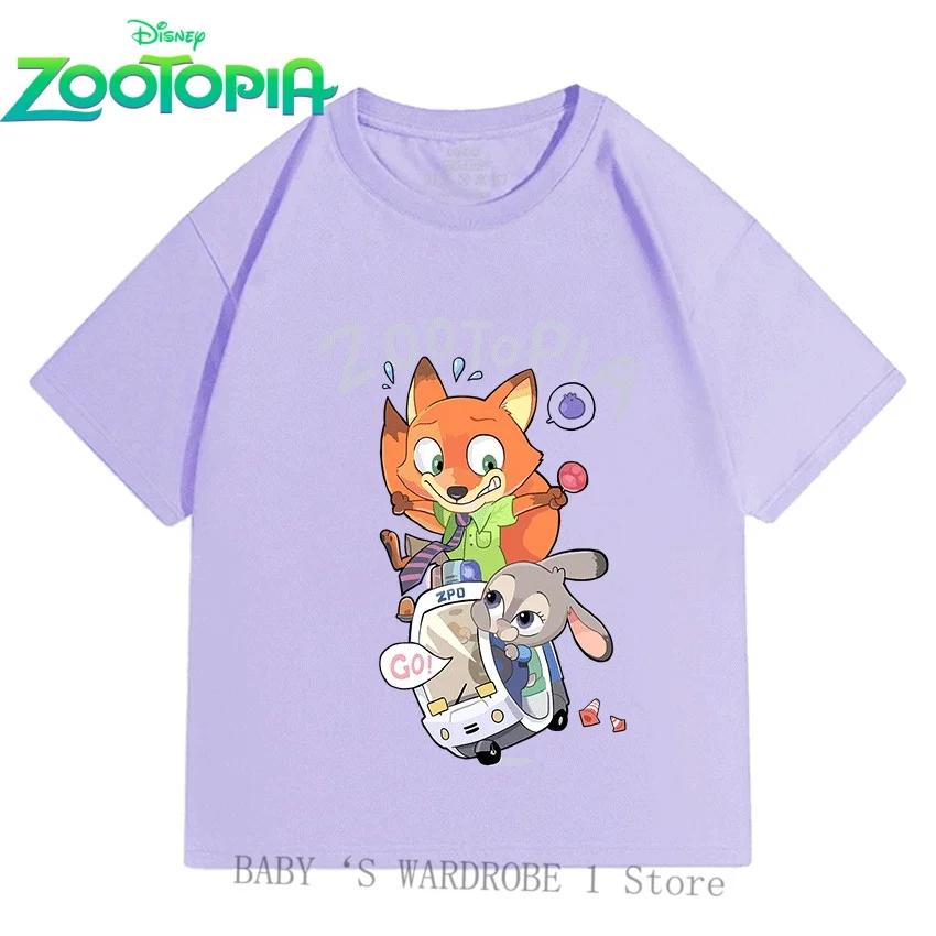 Хлопковые футболки с коротким рукавом Disney Зверополис для мальчиков и девочек 3-12 лет с мультяшными принтами, милые, модные