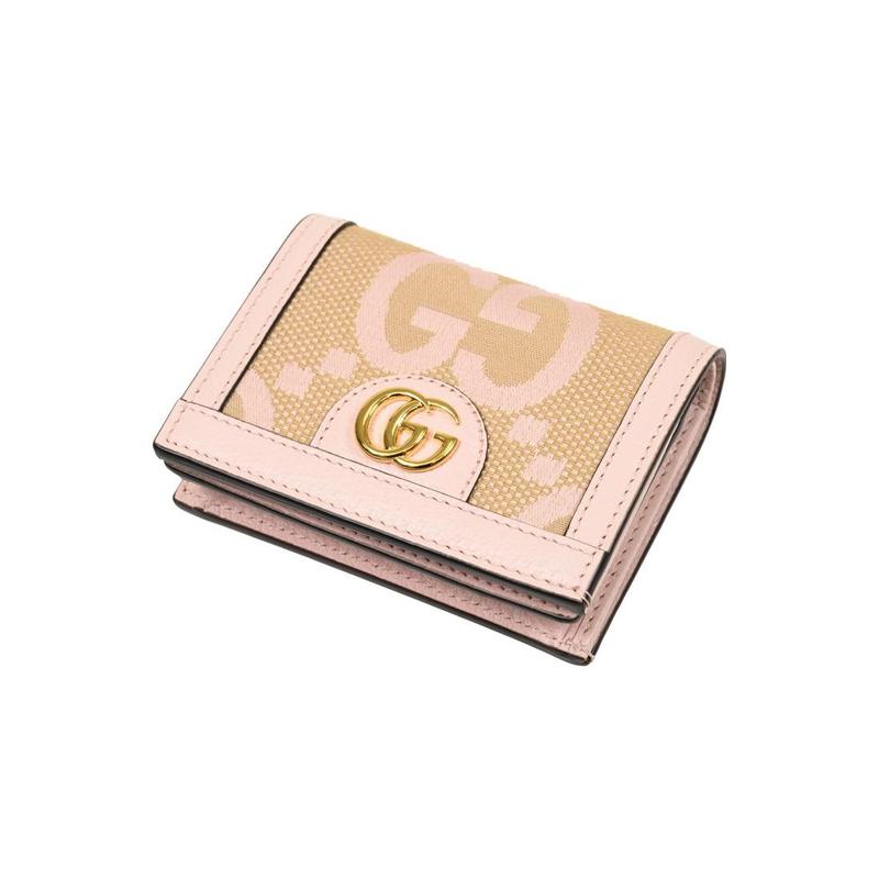 Gucci Ophidia Gold Tone Accessories Classic GG Pattern Print Canvas and Leather Wallet Women's Beige/Pink
