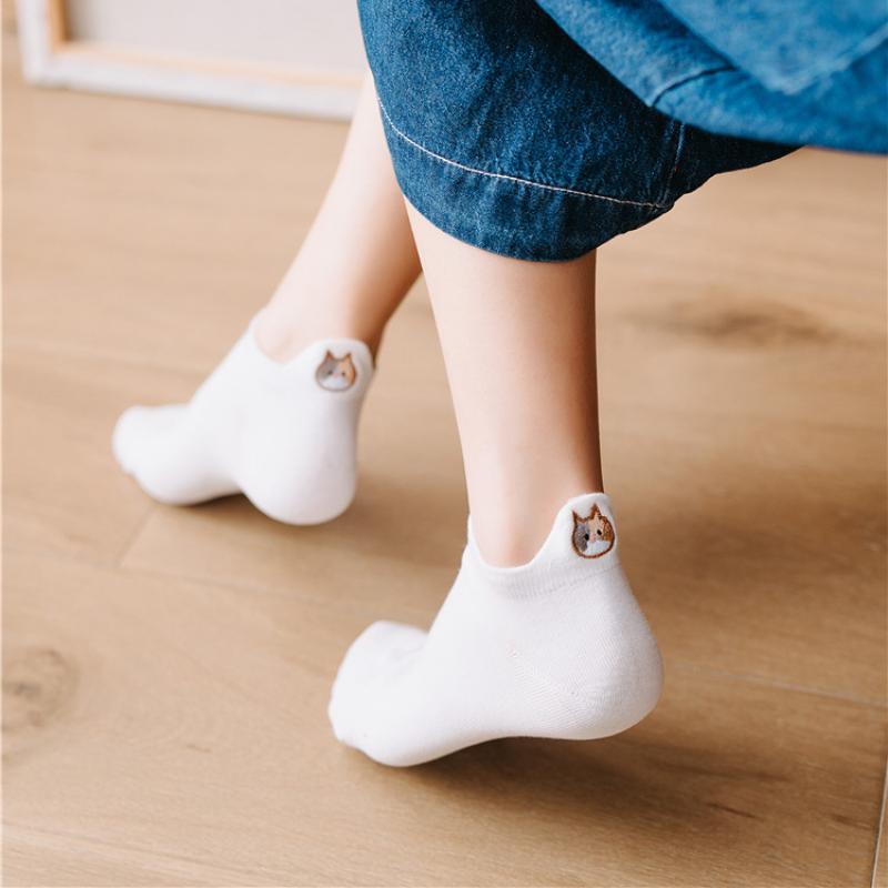 Женские хлопковые носки с милой кошкой и вышивкой ярких цветов, женские повседневные носки