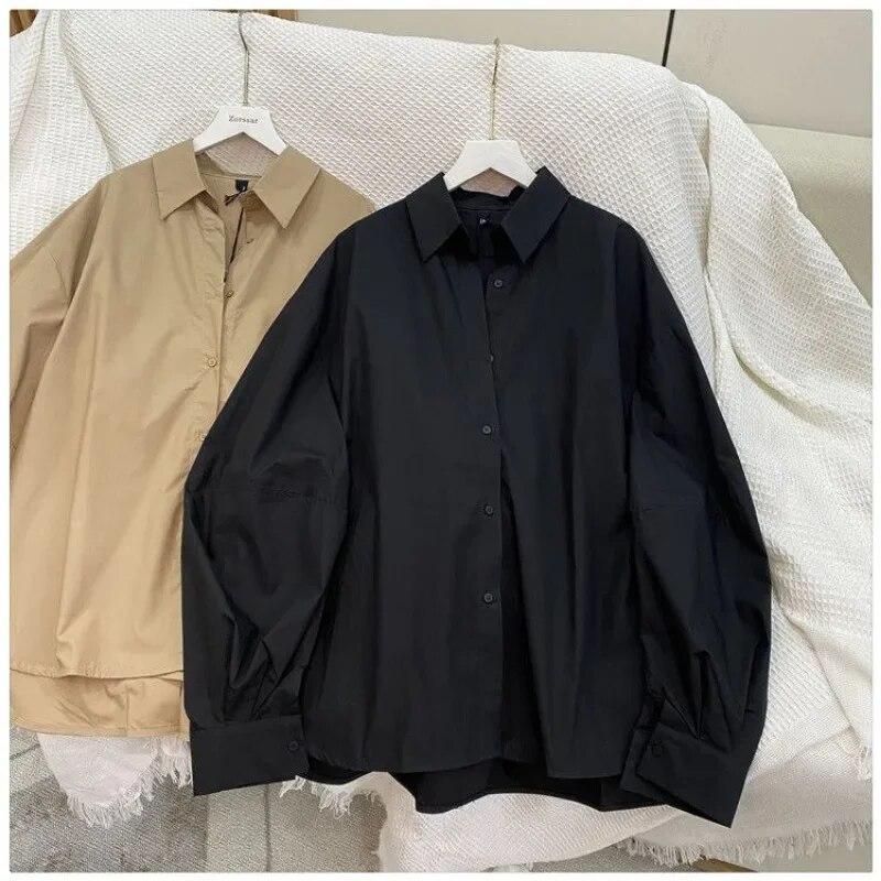 Осенняя корейская мода, однотонная простая рубашка с длинными рукавами и фонариками, топы с отложным воротником, женская свободная одежда, Blusas 29581