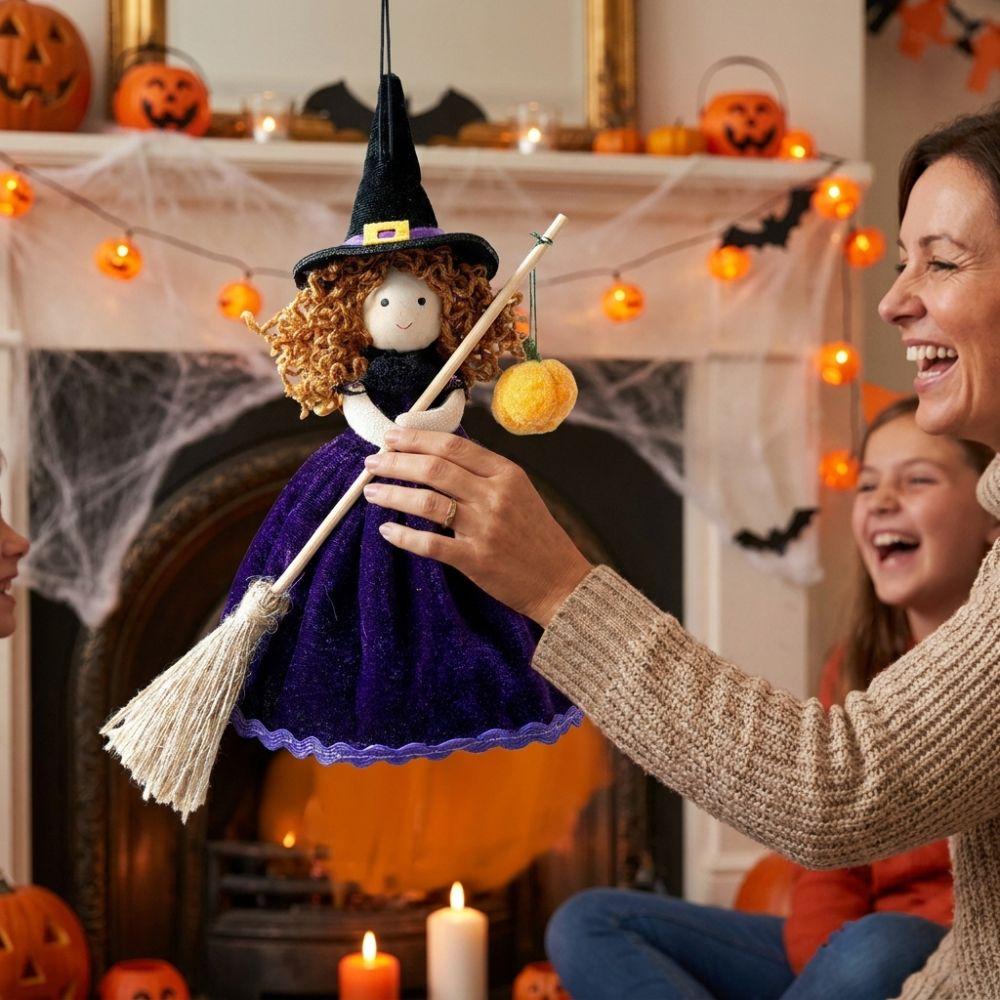 Handmade Witch Broom Doll Hanging Ornament Holiday Witch Costume Prop Door Window Wall