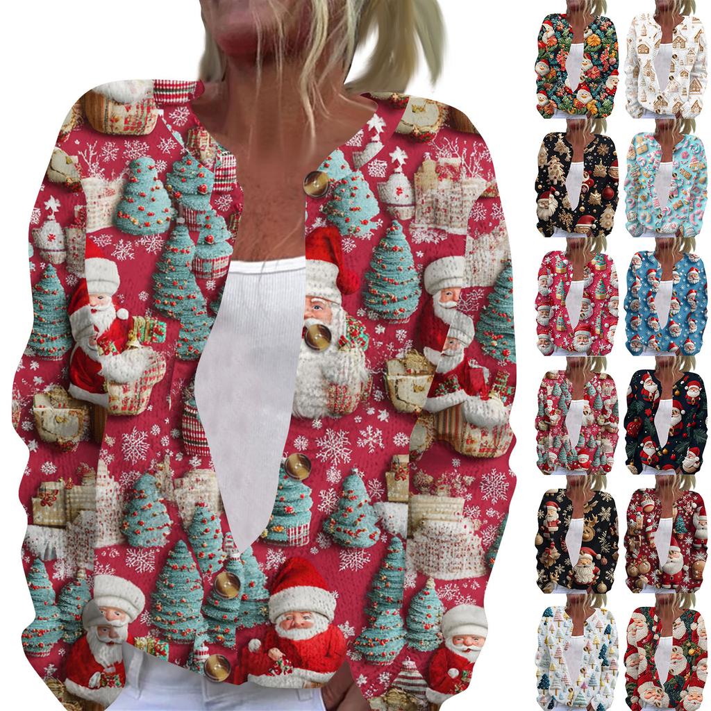 Women's Fashion Christmas Printed Long Sleeve Knitted Cardigan Button Down Jacket