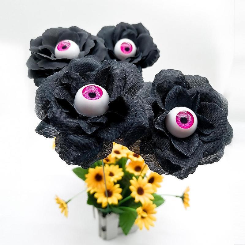 4Pcs Halloween Black Rose Garden Stake PVC Eyeball Flower Ground Pole Spooky Yard Decor Party Decoration Ornament