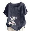 Women's Cotton Linen Round Neck Short Sleeve With Button Tops Printed T-shirt