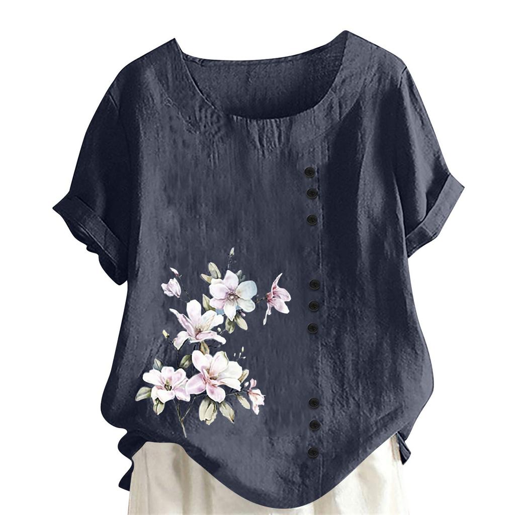Women's Cotton Linen Round Neck Short Sleeve With Button Tops Printed T-shirt