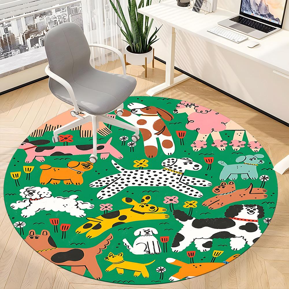 1PC Dogs Garden Office Round Area Rug, Indoor Mat Suitable For Office, Under Office Chairs Bedroom Living Room Home Decor, Room Decos051