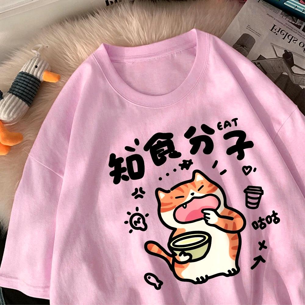 Маленький кот, который хочет есть, с принтом, женские футболки, мультяшные принты, топы, удобные, мягкие, с круглым вырезом, летняя одежда