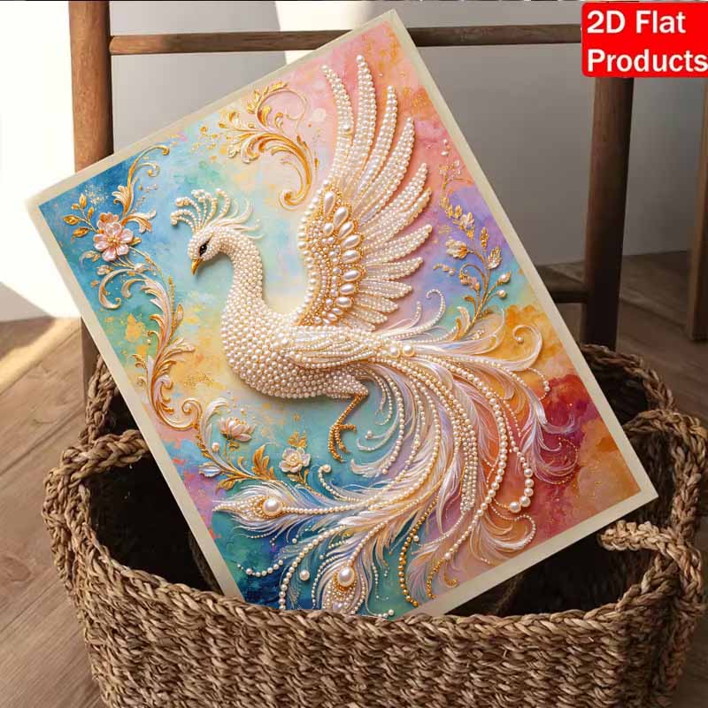 Pearl painting kit, 5D pearl shaped diamond elegant white phoenix painting kit suitable for home living room, bedroom, study room wall art gifts