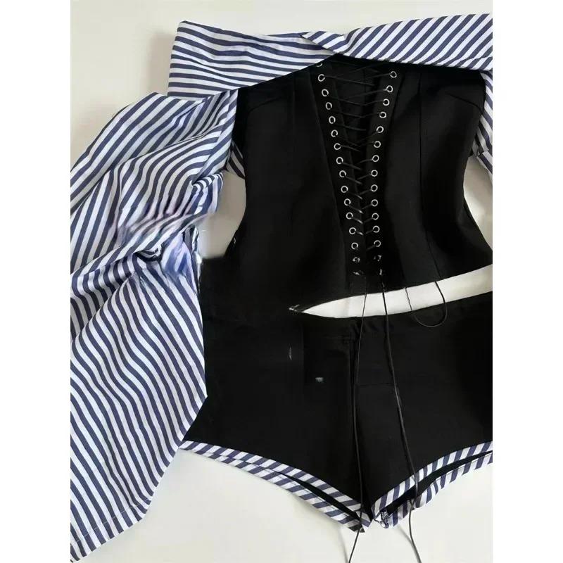 2000-е годы, милый, горячий, сексуальный костюм для женщин, осенний, полосатый, с рукавами-фонариками, топ с открытыми плечами, шорты с низкой талией, комплект из двух предметов, женская одежда