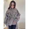 Womens Slim Fit Wool Blend Coat Stand Collar Zip Up Belted Multi Pocket Workwear Fall Winter
