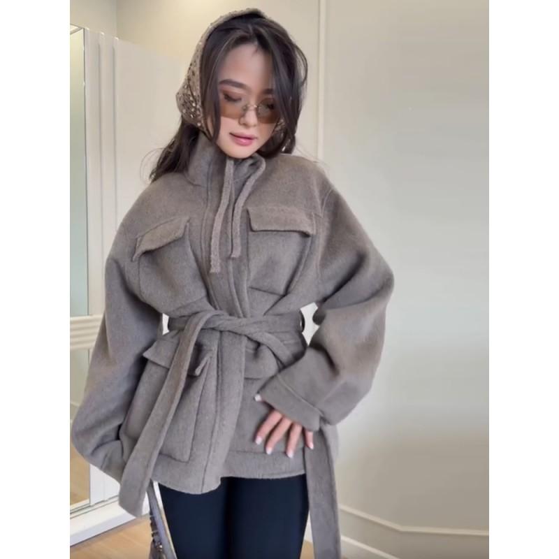 Womens Slim Fit Wool Blend Coat Stand Collar Zip Up Belted Multi Pocket Workwear Fall Winter